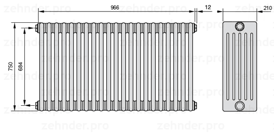 Схема (чертеж) Радиатор Zehnder Charleston 6075/21 №1270 Белый глянцевый RAL 9016